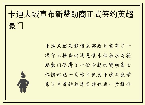 卡迪夫城宣布新赞助商正式签约英超豪门